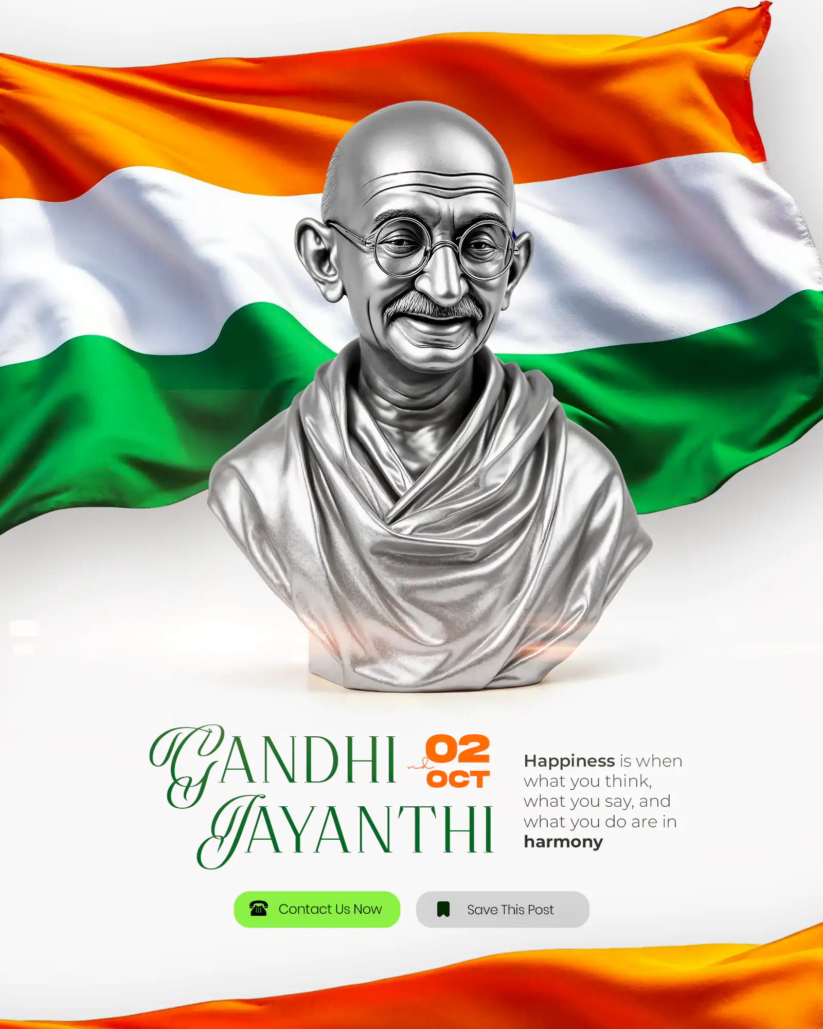 Gandhi Jayanti PSD Template - 3D Mahatma Gandhi Bust with Indian Flag