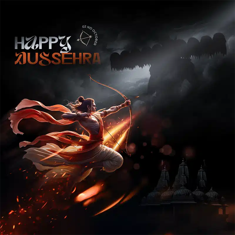 Happy Dussehra Vijayadashami PSD Template - Lord Rama Shooting Arrow at Ravana in Dark Sky